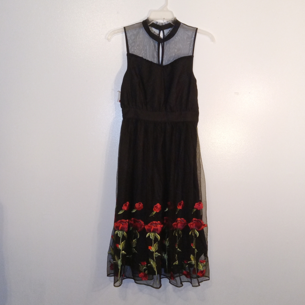 Modcloth Black Midi Dress with Red Floral Design